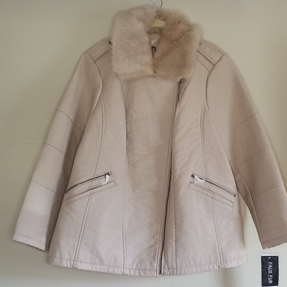 Cream Faux Leather Coat with Fur